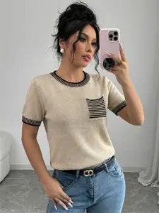Women's Summer Round Neck Striped Pocket Short Sleeve Sweater Top, Casual Beach Vacation Knit Pullover, Ladies Fashion Clothing, Womenswear