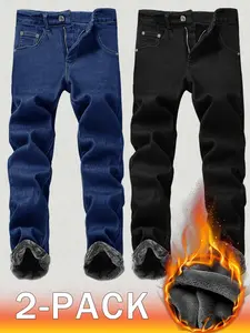 Men's Thickened Fleece-Lined Warm Comfortable Slim Fit Jeans 2-Pack Joe Keery-style Everyday Casual Versatile Must-Have Outfit