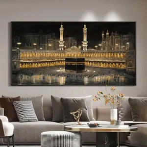 Kaaba Mecca Night Landscape Wall Art, Sacred Islamic Decor with Golden Mosque Lights, Perfect for Living Room or Prayer Room, Ideal Spiritual Gift for Eid, Ramadan & Housewarming