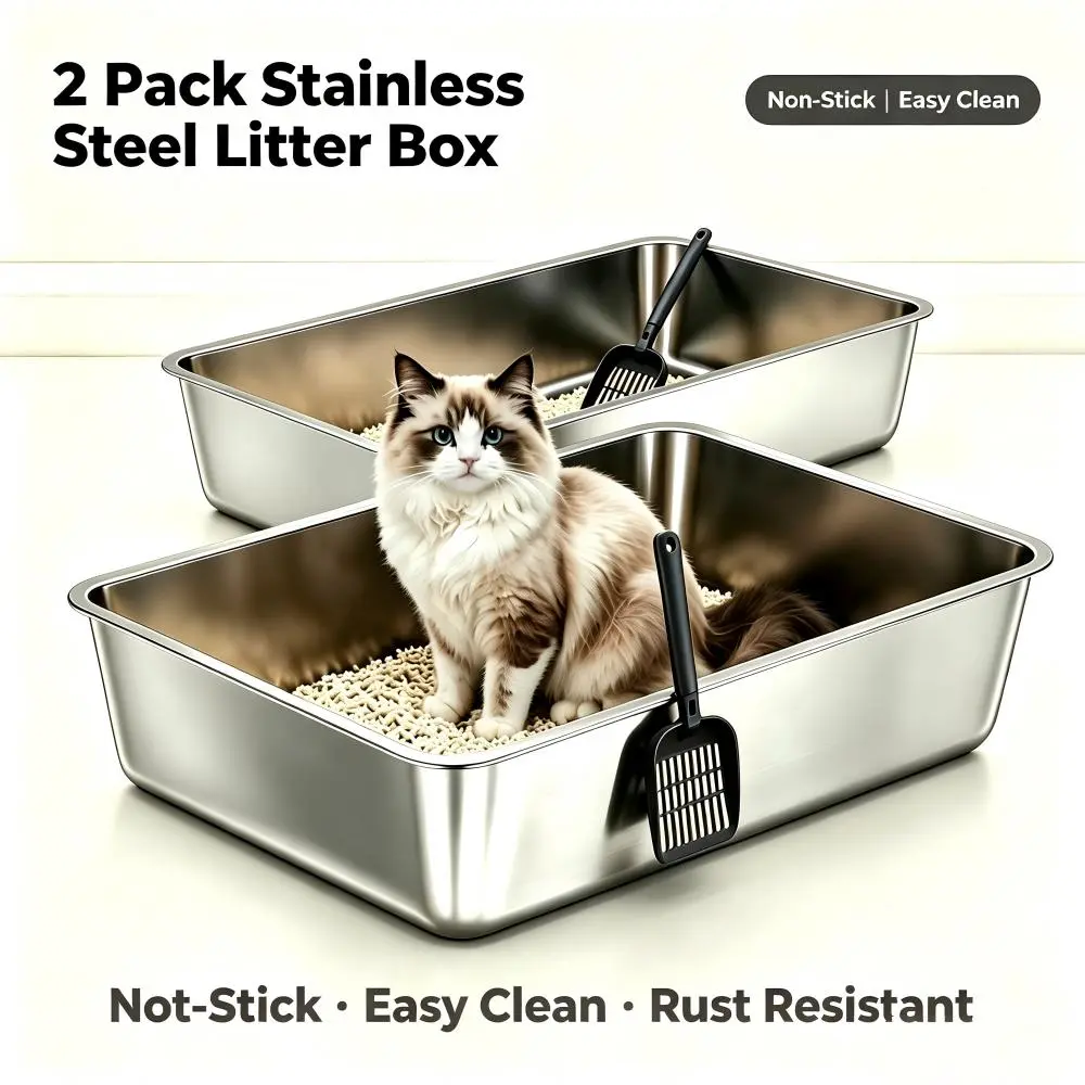 2 Pack Heavy Duty Stainless Steel Cat Litter Box, High Sided Splash Proof Non Stick Odor Resistant Metal Litter Pan for Large Cats, Kittens, Seniors & Multi Cat Households, Easy Clean Rust Resistant with Smooth Polished Edges, Includes 2 Cat Litter Scoops