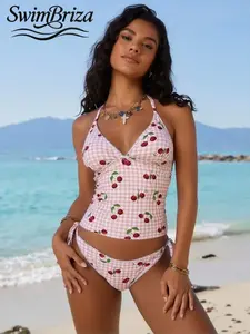 Briza｜Halter Tankini Swimsuits Set In Pink Gingham Cherry Print With Tie-Side Bottoms, A Two-Piece Swimsuit Bathing Suit Women Set And Slinky Tank Top With Bikini Bottoms For Vacation Swimwear For Women, Retro Swimwear Beach Look
