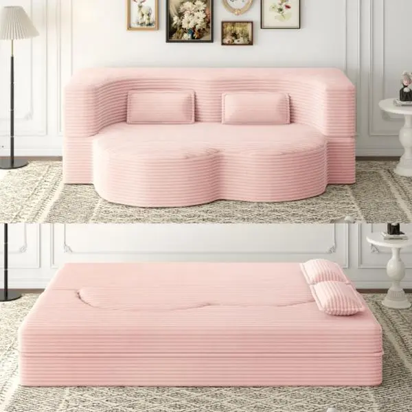 78" Convertible Folding Sofa Bed, Full Size Floor Sleeper Sofa with 2 Pillows, Foam Futon Loveseat Couch for Living Room Apartment Office, Boneless Couch No Assembly Needed,(Baby Pink)