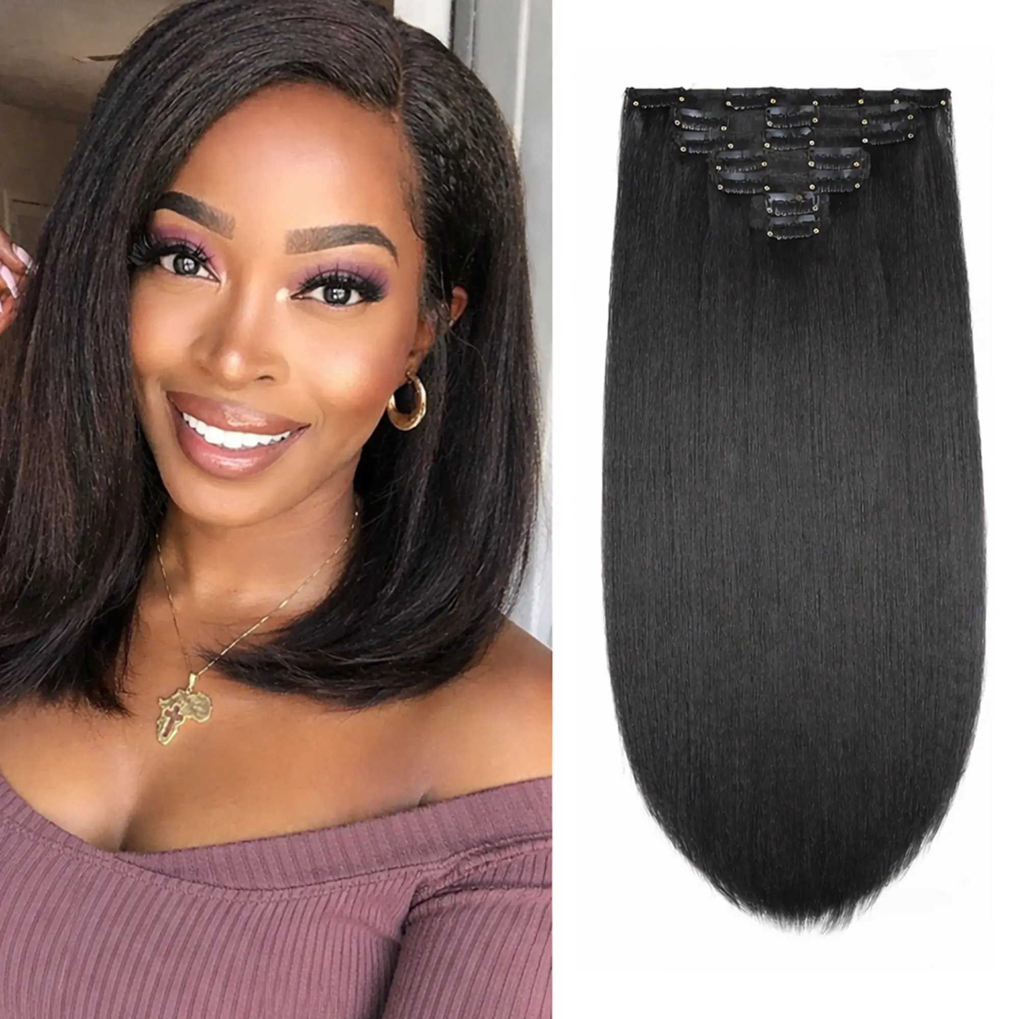 Kinky Straight Clip in Hair Extensions for Black Women 12 Inch 114g Full Head Yaki Straight Seamless Clip in Synthetic Hair （1B 12 Inch 7Pcs）, Artificial Hair Extension, Fiber