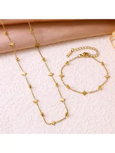 Stainless Steel Star Beaded Jewelry Set, Gold Plated Starburst Necklace and Bracelet for Women, Dainty Celestial Layered Chain Jewelry
