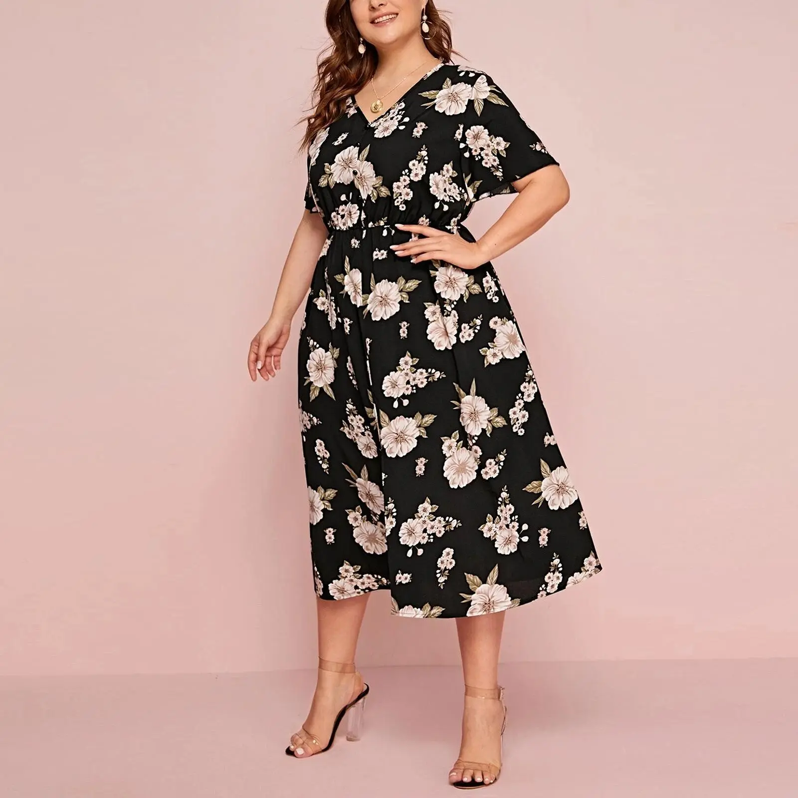 Plus Size Floral Chiffon Midi Dress for Women, Fitted Hipster Style with V-Neck, 3/4 Sleeves and Side Split, Skirt, Fabric, Casual Wear, Lady, Female, Street, Xxl, Extra Large Size, Fitted Waist