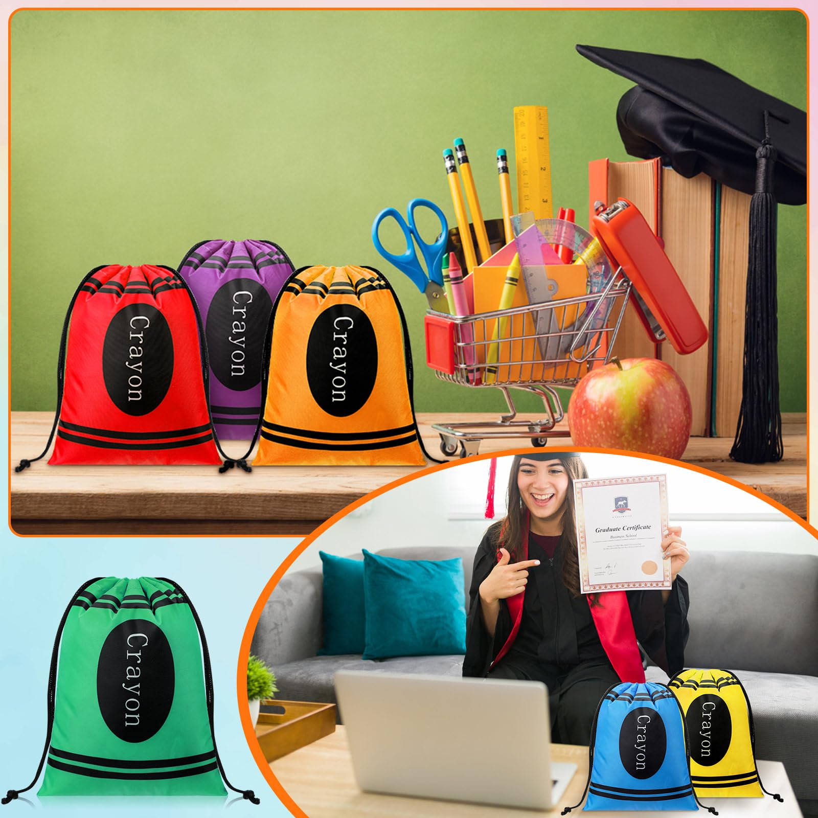 24 Pcs Graduation Gift Bag 10 x 7 Inch Crayon Drawstring Backpack Teacher Appreciation Week Favor Bulk Preschool Graduation Goodie Bag for Kindergarten Teacher Student,Birthday Supply Back to School Party Decoration,Classroom Gift Exchange 24 Pcs Graduation Gift Bag 10 x 7 Inch Crayon Drawstring Backpack Teacher Appreciation Week Favor Bulk Preschool Graduation Goodie Bag for Kindergarten Teacher Student,Birthday Supply Back to School Party Decoration,Classroom Gift Exchange