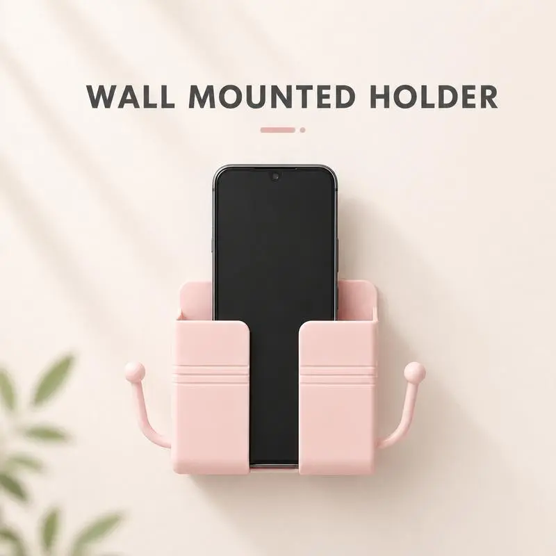 Self-Adhesive Smartphone Wall Mount Holder Stand, No-Drill Multifunctional Accessories for Remote Control Storage, Pink Organizer for Bedroom Kitchen Installation, Cellphone