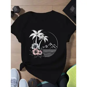 Tropical Palm Hibiscus Cotton T-Shirt, 100% Cotton Minimalist Beach Sunset Tee, Casual Hawaii Vacation Aesthetic Top