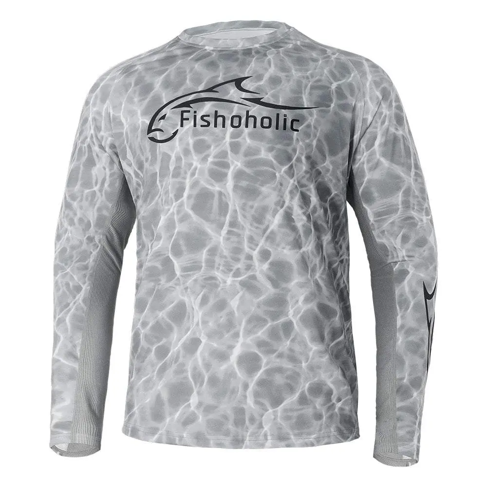 Fishoholic LS-GREY Performance Fishing Shirt - UPF50+ Long Sleeve - Loose Keg Fit Style - Breathable - Quick Drying Sun Protection - water reflection print