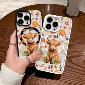 Premium Magnetic Phone Cases for iPhone11/12/13/14/15/16//17/Air/promax/Plus Highland Cow, Autumn Flowers & Pumpkin y2k cased MagSafe Ready, Anti-Fall, Springtok and Ultra-Thin Design |   Perfect for Everyday Use Protector Aesthetic Screen Protector