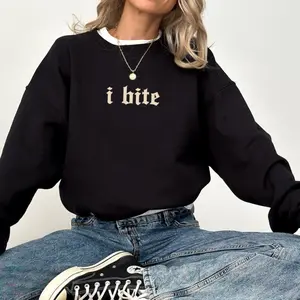 I Bite Gothic Sweatshirt, Funny Sarcastic Crewneck for Women, Minimal Attitude Quote Pullover, Casual Long Sleeve Top