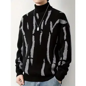 Men's High Neck Geometric Sweater - 53% Viscose 47% Polyester Rib Sweater with Rolled Neck Design, Relaxed Fit & Medium Stretch Knit Graphic Tops Long Sleeve Denim Menswear