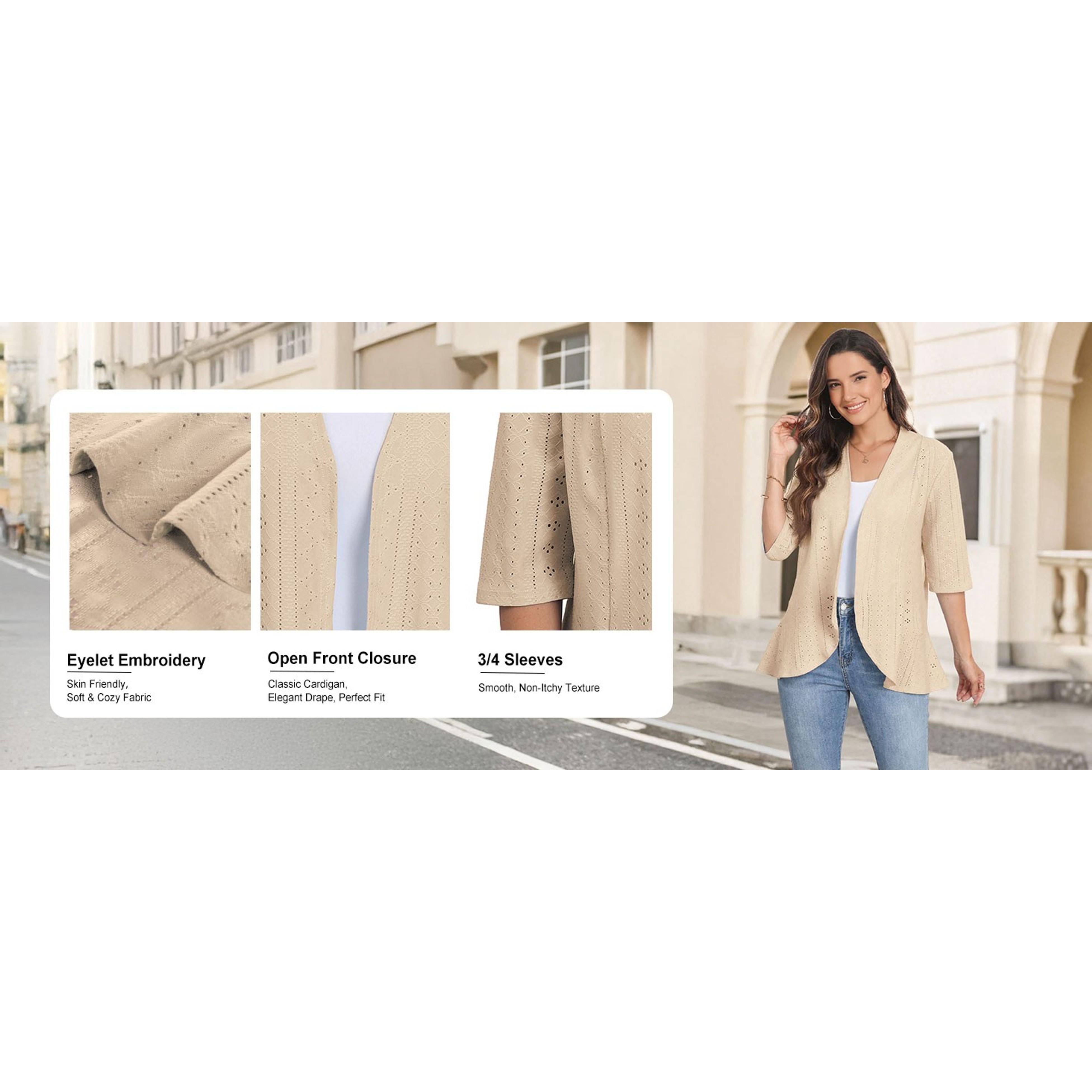Women Cardigan 3/4 Sleeves Open Front Lightweight Soft Netted Knit Draped Ruffles Cardigan Kimono Cover Ups Women Cardigan 3/4 Sleeves Open Front Lightweight Soft Netted Knit Draped Ruffles Cardigan Kimono Cover Ups