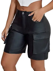 Apperlotha Women's Chic Black PU Cargo Shorts, High Waist & Pocket Mid-Length Shorts for Daily Outdoor Wear