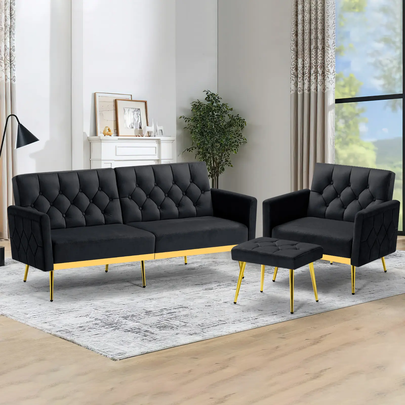 ACMEASE 2 Pieces Velvet Sofa Set w/Adjustable Armrests and Backrests, Tufted Accent Chair w/Ottoman, Convertible Futon Sofa Bed for Bedroom, Living Room, Apartment