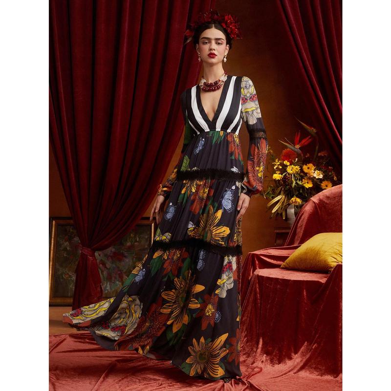 Frida Kahlo X SHEIN X Designer ISELACOS Floral Print Plunging Neck Lace Insert Dress Designer Elegant Dress, Fall Women Dress, For Autumn, Holiday, Party, Thanksgiving, Birthday Outfits, Spring, Festival