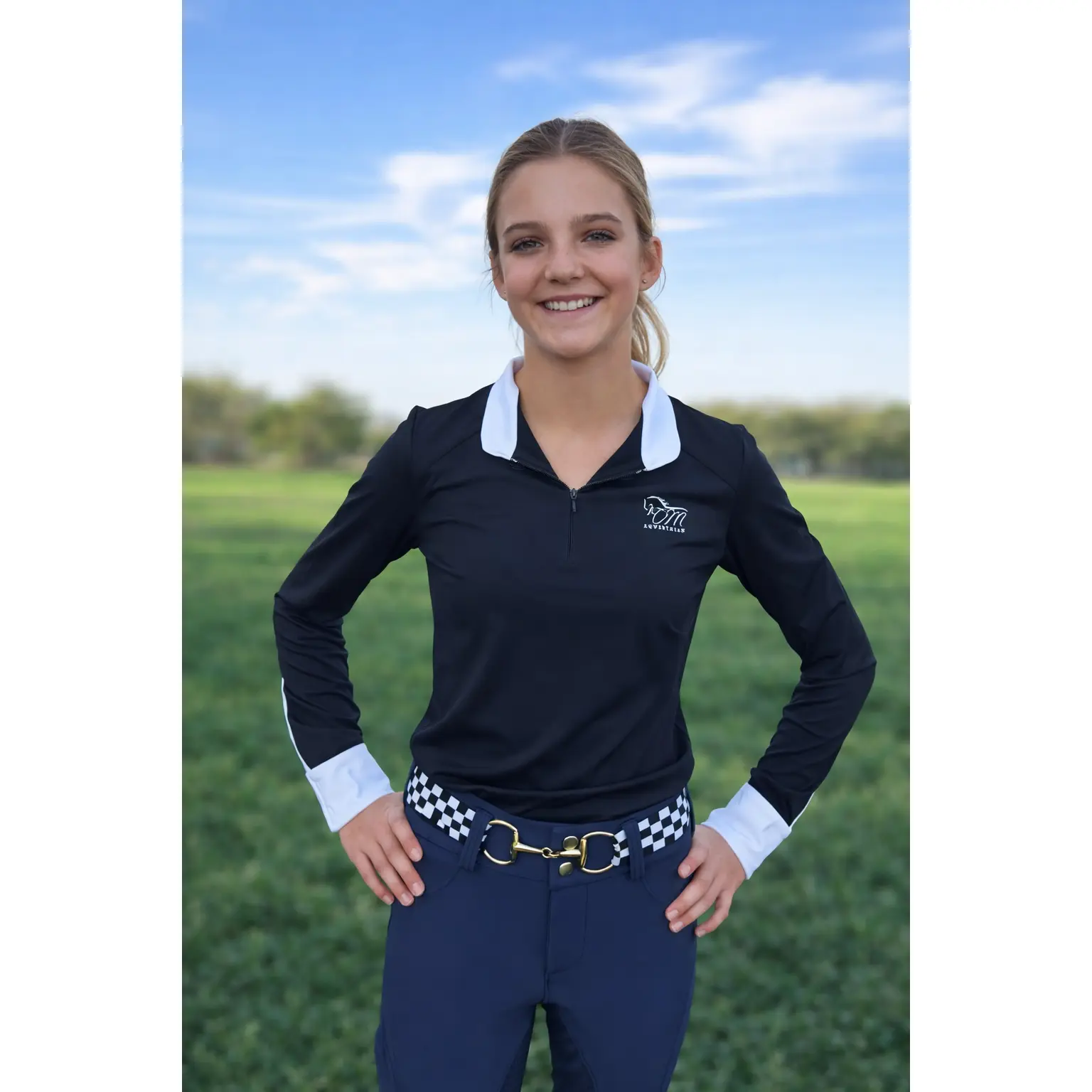 Black Equestrian Fancy cuff two tone long sleeve black and white shirt