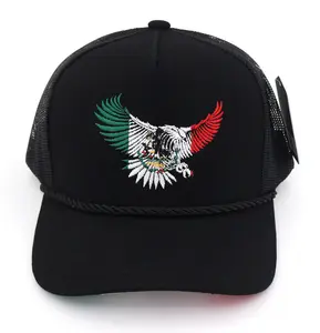 Mexico Eagle Embroidered Hat with Black Front and Mesh Back, Featuring Mexican Flag Design