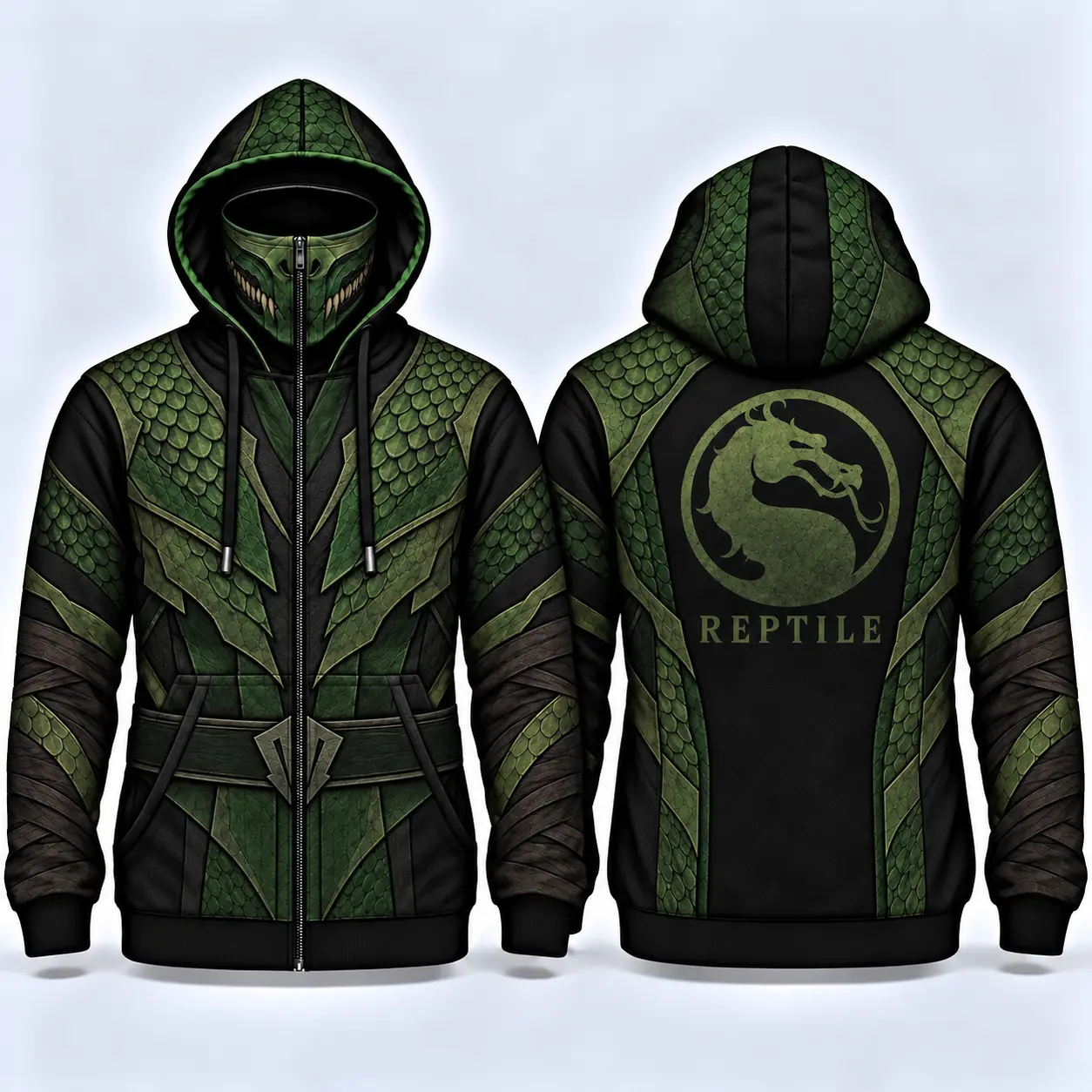 Reptile M0rt@l K0mbat All Over Print Zip-Up Hoodie with Mask – Green Ninja Gaming Hoodie