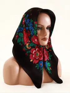 Boho Style Women's Veil Headscarf, Traditional Print Peony Pattern, Multicolor &, Fitted Design, Thin Woven Fabric, Unisex Fashion Accessory