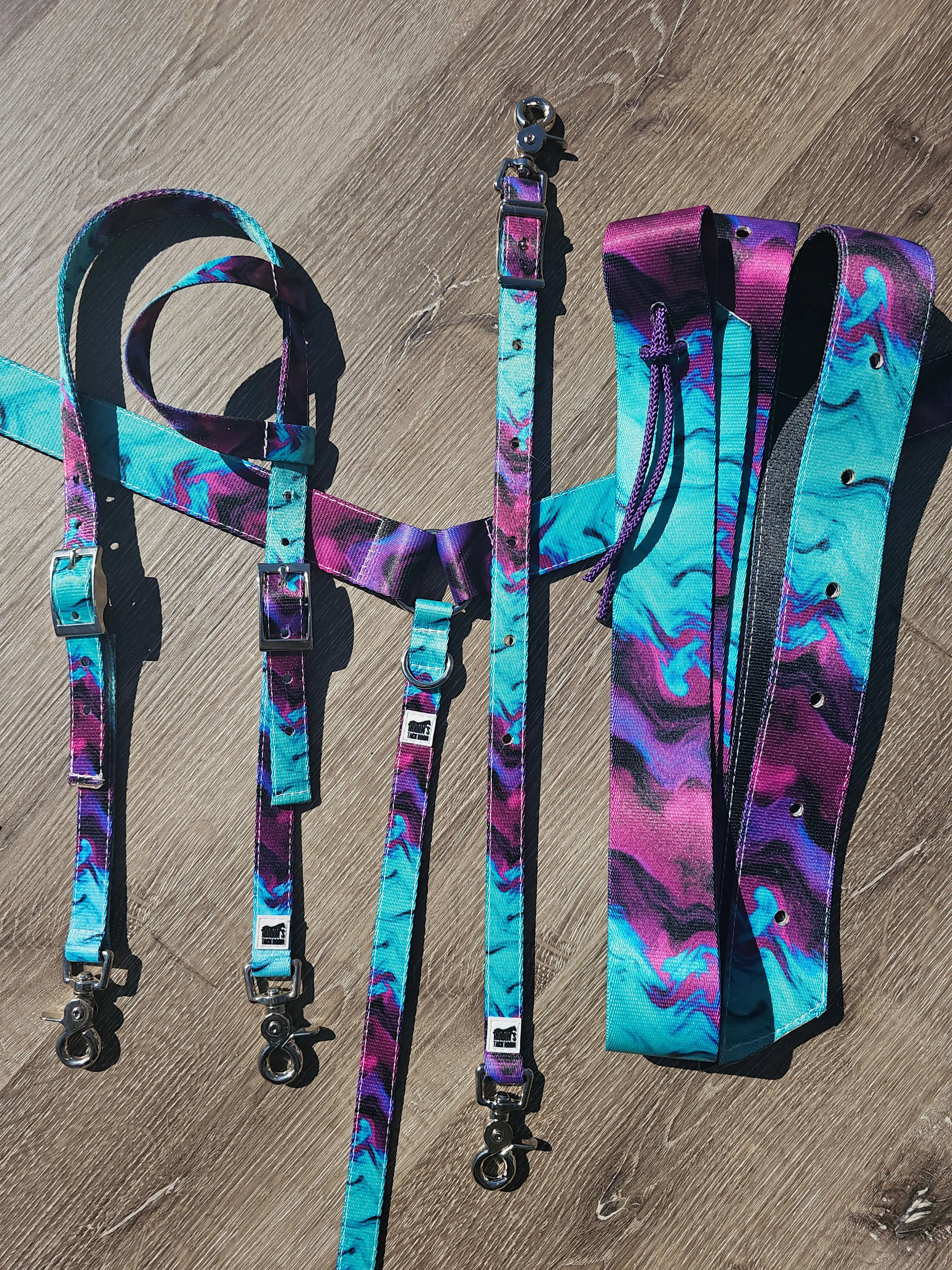 Blue and purple swirl tack set