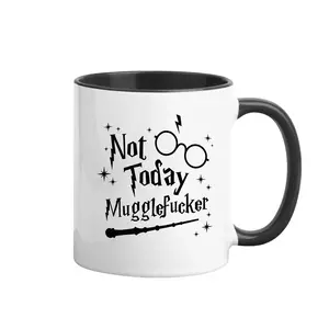 Sarcastic Harry Potter "Not Today" Mug, 11oz Black & White Two-Tone Ceramic Tea Cup, Wizard Wand & Glasses Print, Perfect Gag Gift for Potterheads & Introverts