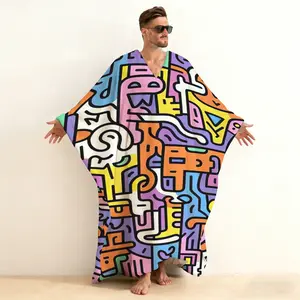 Keith Haring Art Print Men's V-Neck Flannel Caftan, Pop Art Graphic Brushed Cotton Long Sleeve Loungewear, Retro 80s Inspired Hoodless Sleepshirt for Men