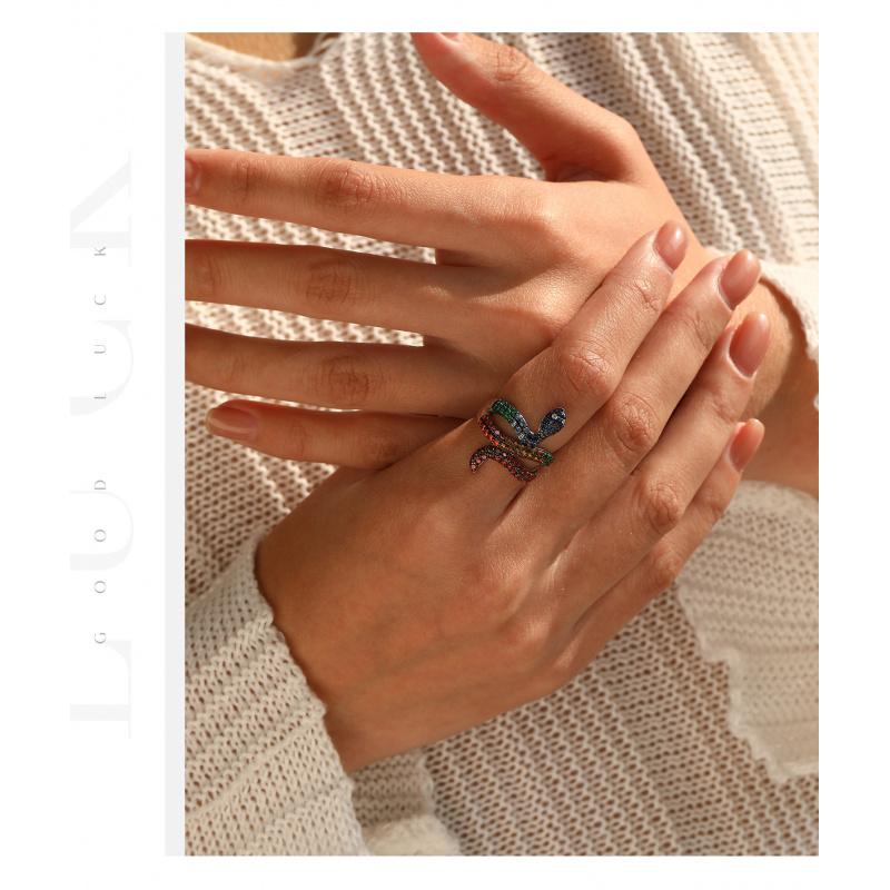 Colorful CZ Snake Ring S925 Sterling Silver Sweet Cool Style Women's Statement Jewelry Adjustable Size for Daily Wear