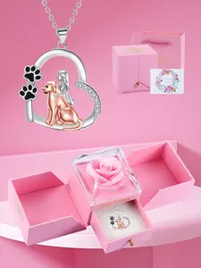 Little Girl Dog Pendant Necklace With Rose Jewelry Gift Box for Women Girls, Pet Animal Memorial Jewelry Gifts, Birthday Necklace Gift for Daughter Granddaughter