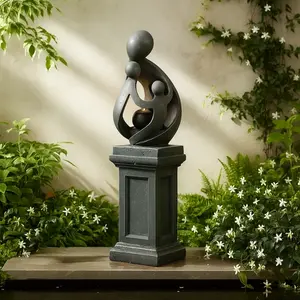 Sculptural Resin Fountain with Pedestal Base and LED Lights – Indoor/Outdoor Modern Water Feature