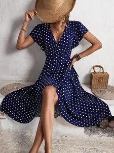 Elegant Statement Polka Dot Print Cross-Bust Tie Dress with Slit, Perfect for Outings and Parties, Women's Stylish Chic Formal Evening Gown