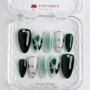 Younique Nails 2025 | MY Studio | Deep Echo | 10PCS 100% Handmade Press-On Nails | Reusable Colorful Art Glossy Design Acrylic Luxury Long Lasting 3D Stylish Office Wear Floral Embellished Rhinestone