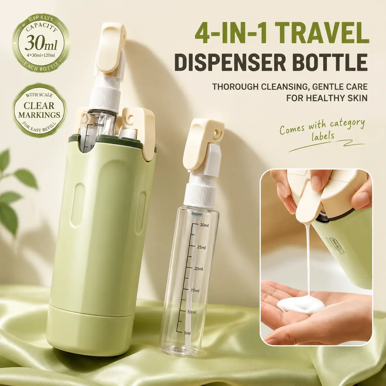 4-in-1 Travel Pump Bottle,Cosmetic Container/Dispenser for Travel(Key Lime) Durable Compact Lightweight Pack