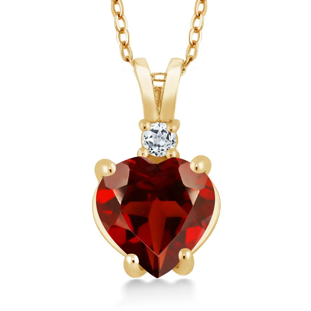 14K Yellow Gold Red Garnet and White Topaz Pendant Necklace For Women | 2.08 Cttw | Gemstone Birthstone | Heart Shape 8MM | With 18 Inch Chain
