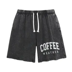 Unisex Vintage Print Acid Washed Sweat Shorts, Breathable Cotton Casual Shorts with Elastic Waist and Functional Pockets baggy comfy