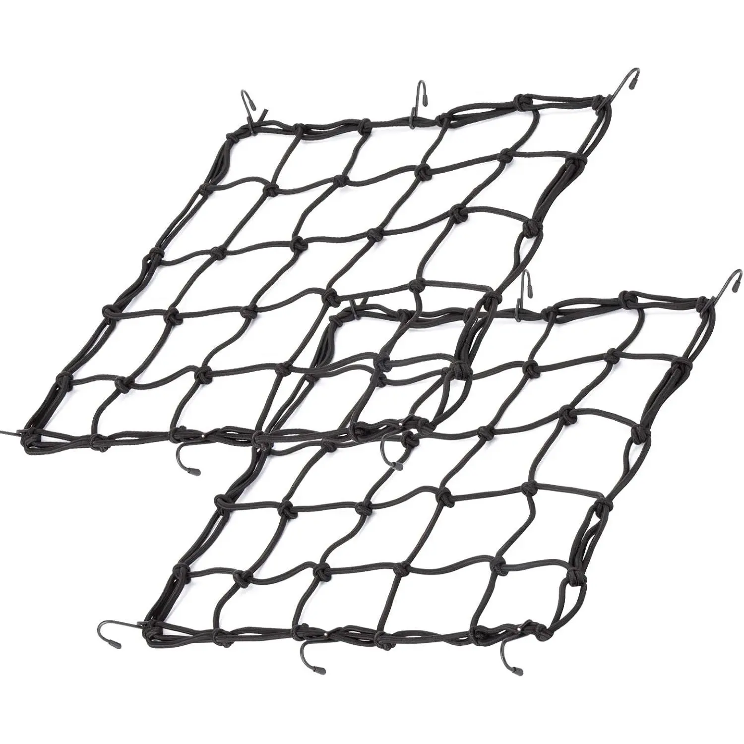 2Pack High-Strength Latex Elastic Bungee Cargo Tie-Downs - 15.7in x15.7in Stretches to 33in x33in, 3x3 Small Mesh Nylon Luggage Net with 6 Adjustable Metal Hooks for Motorcycle, Bicycle (Helmet, Basket Compatible)