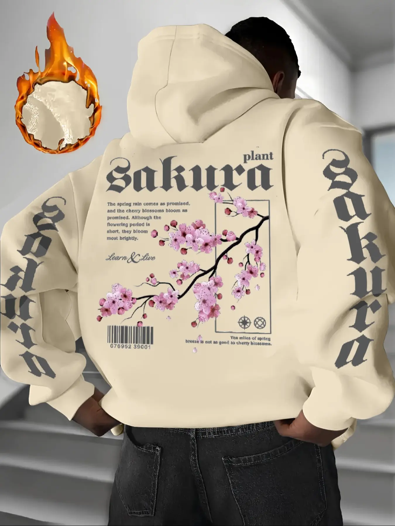 Men's Hooded Sweatshirt with Dragon Sakura Print, Casual Long Sleeve Pullover for Fall & Winter, Comfortable Fitted Design