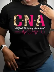 Women's Certified Nursing Assistant CNA Graphic T-Shirt - Black with Pink Leopard Print & Heartbeat Design, Short Sleeve Crew Neck Casual Top, Medium Stretch Breathable Fabric for Spring & Summer, Machine Washable Healthcare Worker Apparel