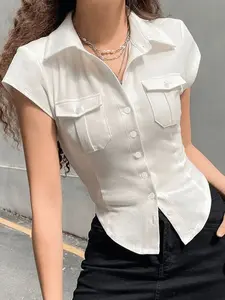Women's Vintage Fitted Cap Sleeve Button Up Blouse, Solid White Asymmetrical Hem Crop Shirt, Casual Office & Street Outfit