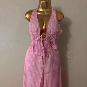 Pink Striped Halter Neck Dress with Tie Front and Ruched Detailing