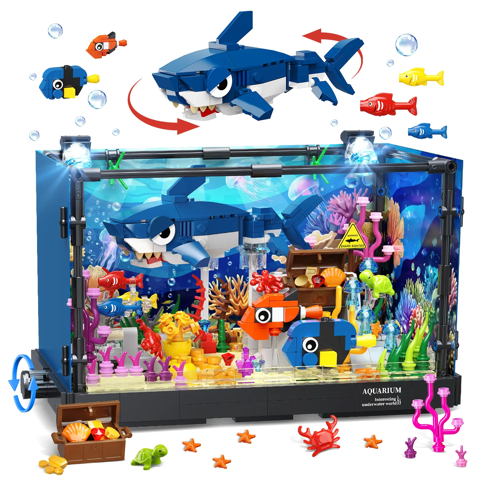 HOGOKIDS Shark Aquarium Building Toy with Movable Animals & Light for Kids | Fish Tank Building Set for Boys Girls Ages 8-14+, Includes Shark, 2 Clownfish & Jellyfish , Christmas Birthday Gift for Kids