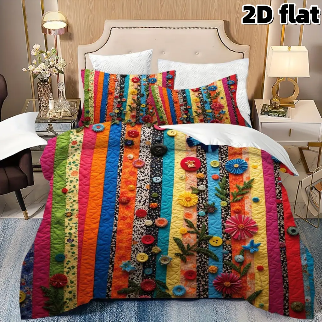 2D Flat 3Pcs Boho Floral Striped Decorative Duvet Cover - Colorful Button Flower Quilted Bedding with Pillowcases - Bohemian Rainbow Stripe Pattern Bedding Collection - Modern Farmhouse Bedroom Decoration Gift for Women Duvet Cover Sets