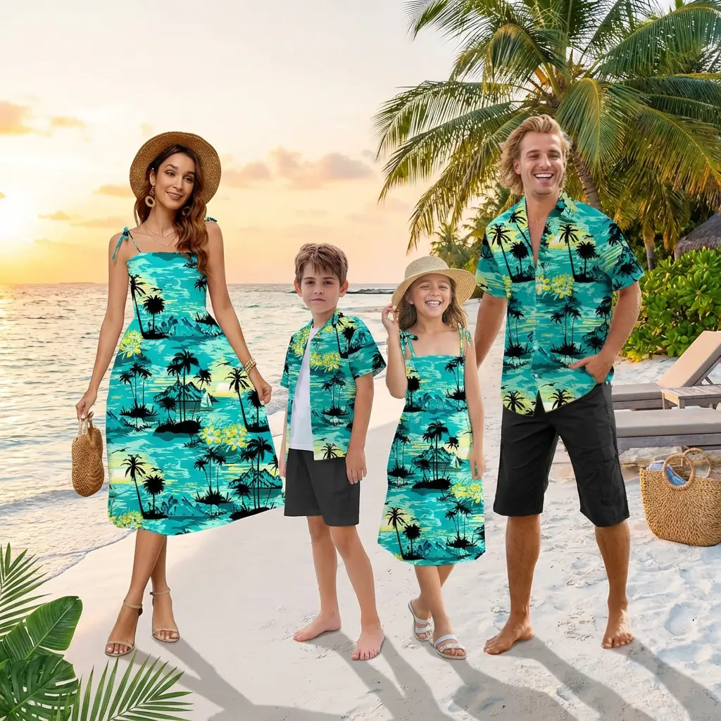 Family Matching Hawaiian Outfits Casual Beach Travel Clothes Vacation  Clothing Set for Women Men Girls Boys -