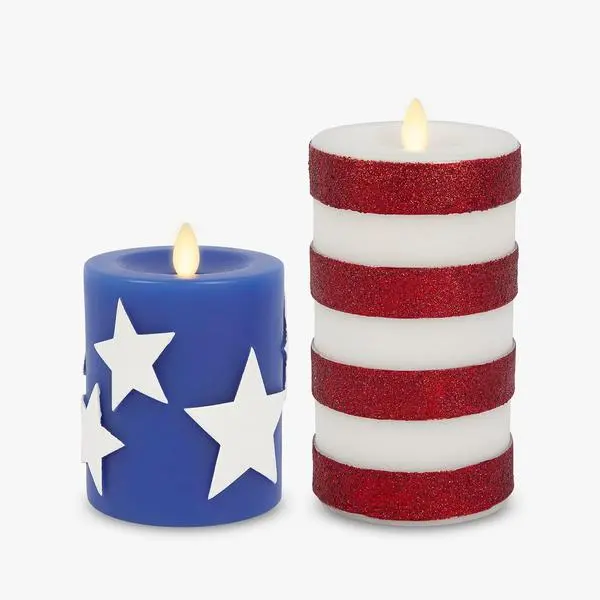 Luminara Flameless LED Stars & Stripes, 2 Patriotic Americana Pillar Candles, Timer, Remote Ready, American Flag Design for July 4th Memorial Day