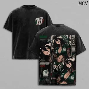Albedo Overlord Anime Double Printed Vintage Washed Tee, Albedo Overlord T-Shirt, Mexico's World Football Tour 2026, Japanese Irezumi Gothic Blackwork Tattoo Art, Heavyweight Cotton Unisex Oversized Anime Manga Streetwear Graphic Top