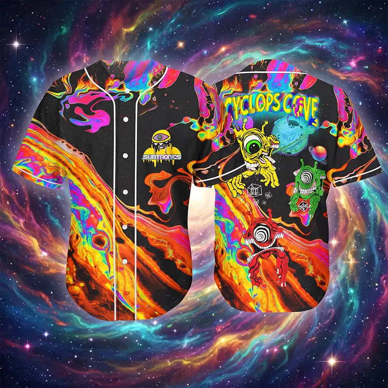 Subtronics Cyclops Cove Liquid Acid Trippy Space Baseball Jersey - Men Women Unisex Graphic Button Down Short Sleeve Shirt - Dubstep Bass Music EDM Festival Rave Apparel, Birthday Xmas Gift For Electronic Music Fans Men Women