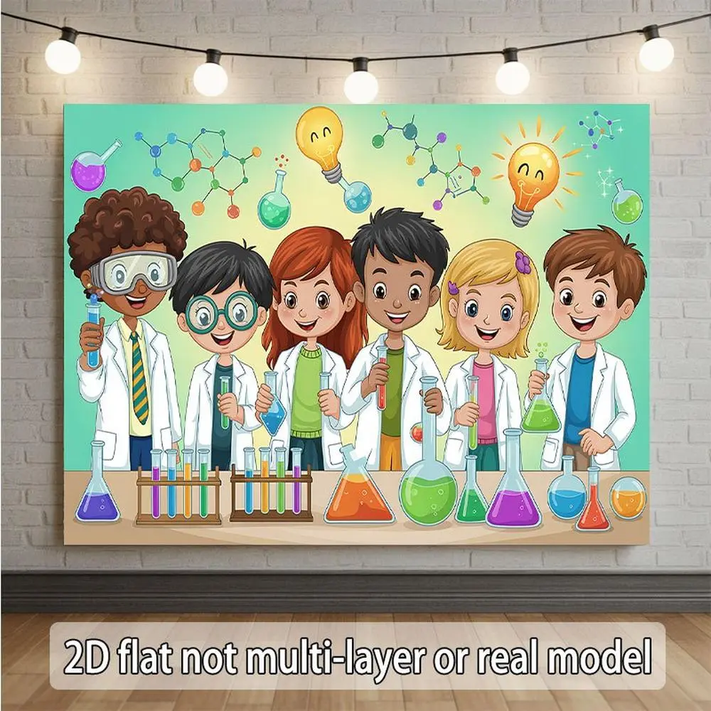 1PC,2D Flat Backdrop Science Experiment Theme Children's Festival Decoration Backdrop, Fun Cartoon Scientist Chemical Experiment Party Decoration Backdrop, Laboratory Element Festival Atmosphere Creation
