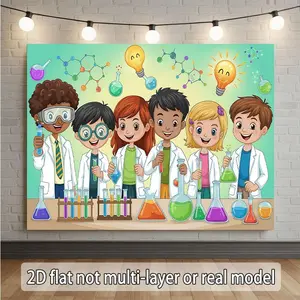 1PC,2D Flat Backdrop Science Experiment Theme Children's Festival Decoration Backdrop, Fun Cartoon Scientist Chemical Experiment Party Decoration Backdrop, Laboratory Element Festival Atmosphere Creation