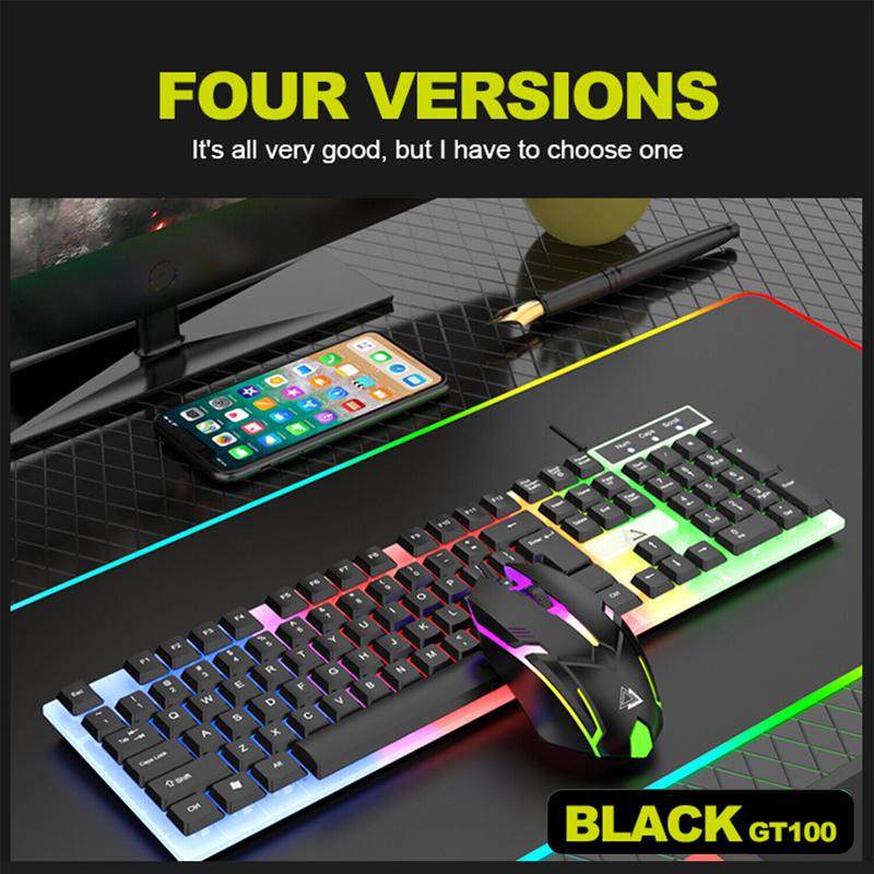 USB Wired Gaming Keyboard Mouse Combo Set RGB LED Backlit For PC / Laptop / Windows / Mac - Black & White