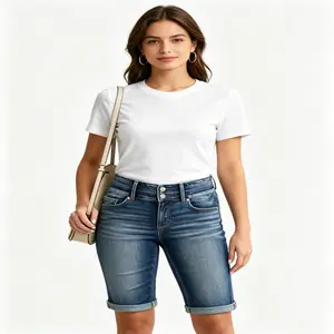 Women's High-Waisted Stretchy Denim Bermuda Shorts, Womenswear Bottom with Trendy Patch Pockets, Casual Summer Button Fly Jeans